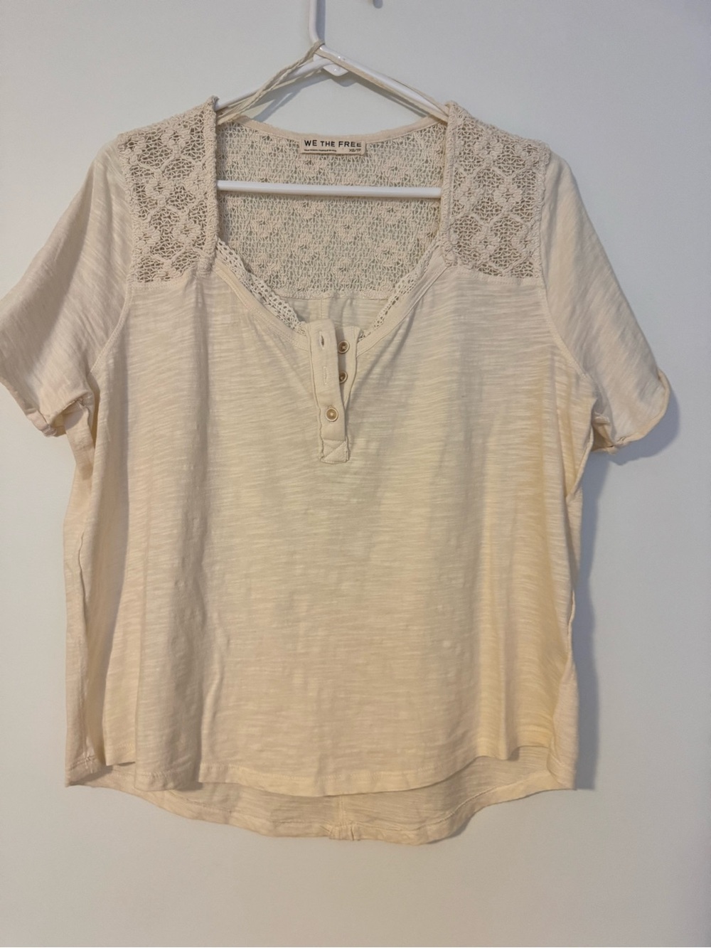 We The Free Cream Crochet-Yoke Short Sleeve Henley